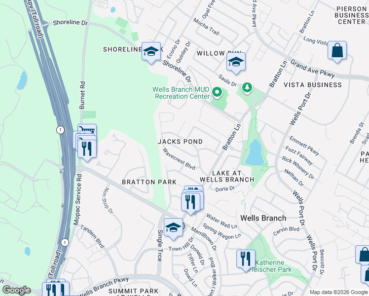 map of restaurants, bars, coffee shops, grocery stores, and more near 14924 Jacks Pond Road in Austin