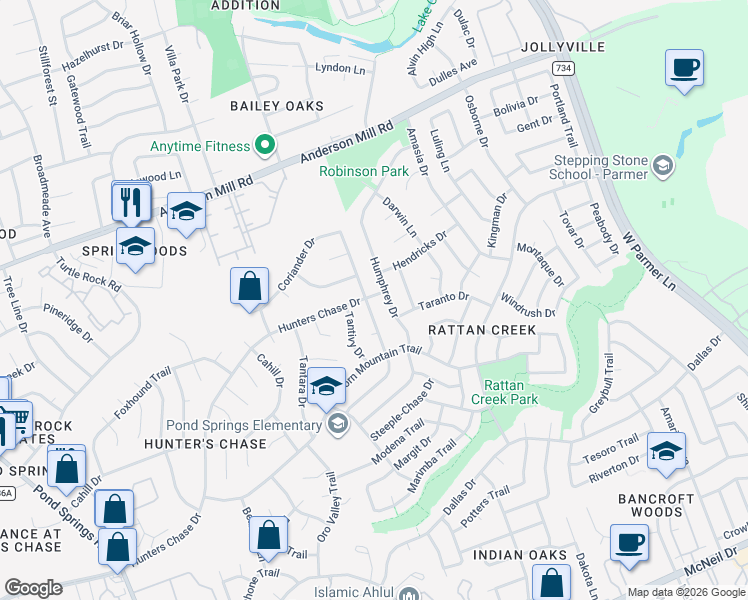 map of restaurants, bars, coffee shops, grocery stores, and more near 13122 Humphrey Drive in Austin
