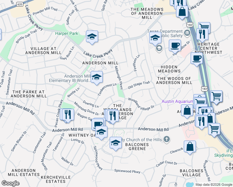 map of restaurants, bars, coffee shops, grocery stores, and more near 12100 Millwright Parkway in Austin