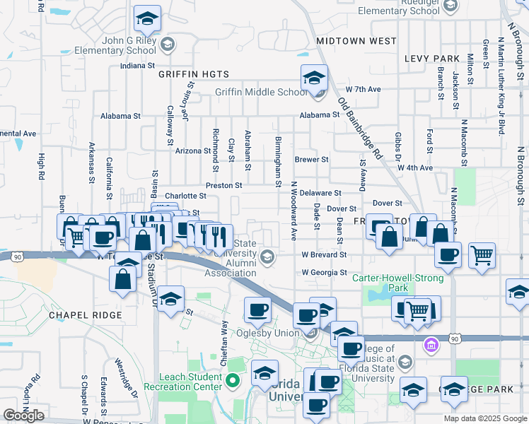 map of restaurants, bars, coffee shops, grocery stores, and more near 1017 Dover Street in Tallahassee