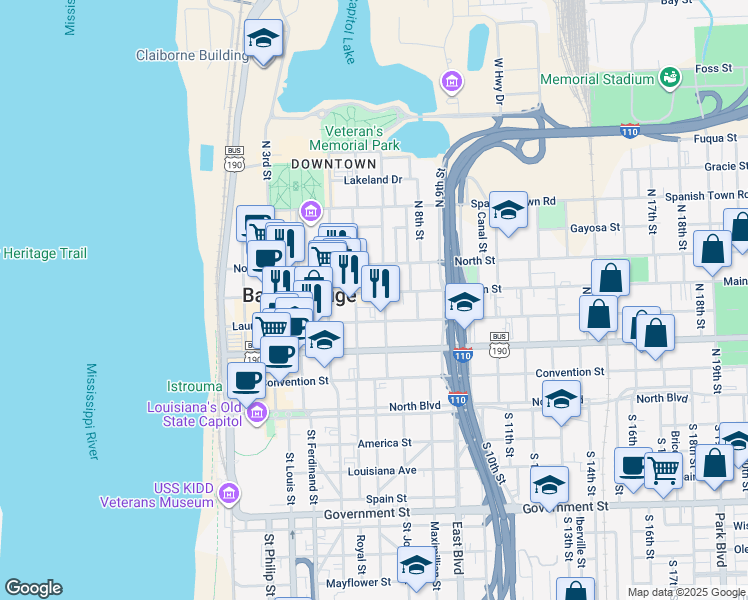 map of restaurants, bars, coffee shops, grocery stores, and more near 668 Main Street in Baton Rouge