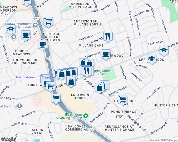 map of restaurants, bars, coffee shops, grocery stores, and more near 9300 Anderson Mill Road in Austin