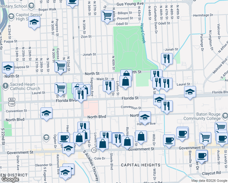 map of restaurants, bars, coffee shops, grocery stores, and more near 416 Bernardo Street in Baton Rouge