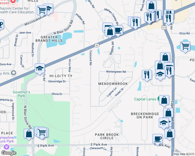 map of restaurants, bars, coffee shops, grocery stores, and more near 743 Red Fern Road in Tallahassee