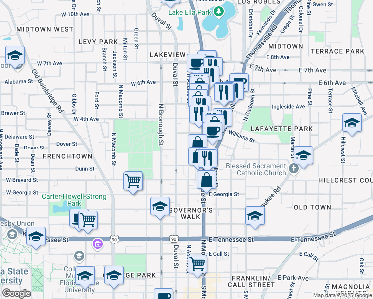 map of restaurants, bars, coffee shops, grocery stores, and more near 100 East 1st Avenue in Tallahassee