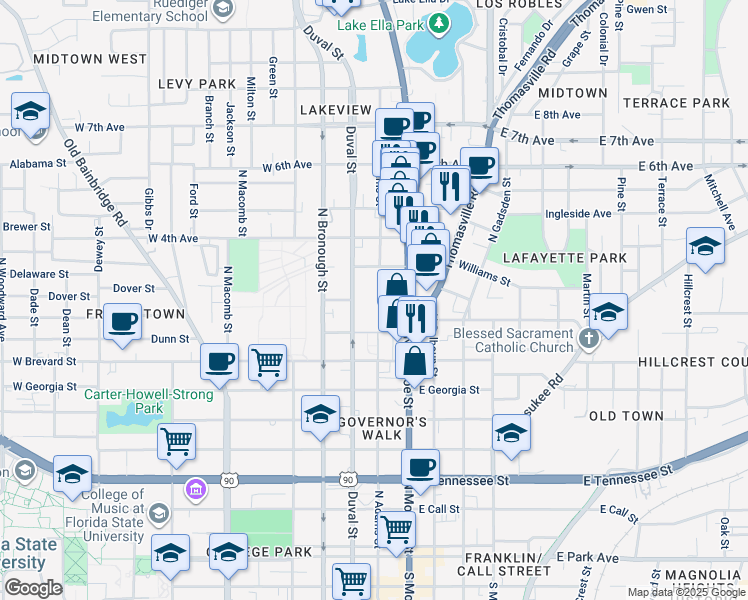 map of restaurants, bars, coffee shops, grocery stores, and more near 100 East 1st Avenue in Tallahassee