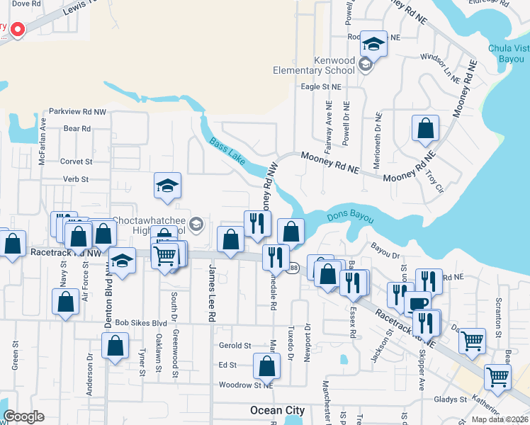 map of restaurants, bars, coffee shops, grocery stores, and more near 520 Mooney Road Northwest in Fort Walton Beach