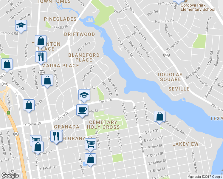 map of restaurants, bars, coffee shops, grocery stores, and more near 3590 Molaree Drive in Pensacola