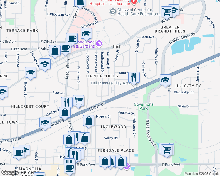 map of restaurants, bars, coffee shops, grocery stores, and more near 923 Carraway Street in Tallahassee