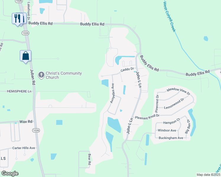 map of restaurants, bars, coffee shops, grocery stores, and more near 26491 Avoyelles Avenue in Denham Springs