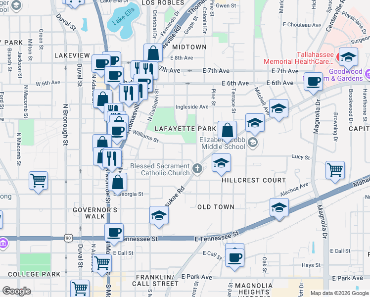 map of restaurants, bars, coffee shops, grocery stores, and more near 535 Williams Street in Tallahassee