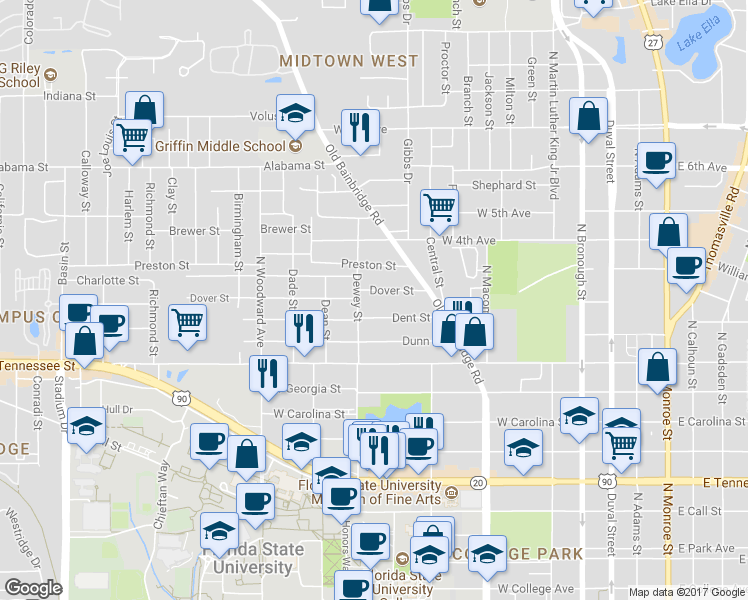 map of restaurants, bars, coffee shops, grocery stores, and more near 1003 Dewey Street in Tallahassee