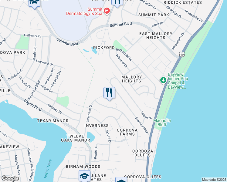 map of restaurants, bars, coffee shops, grocery stores, and more near 3177 Bayview Way in Pensacola