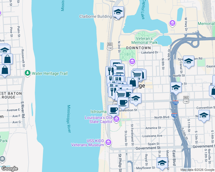 map of restaurants, bars, coffee shops, grocery stores, and more near 111 Main Street in Baton Rouge