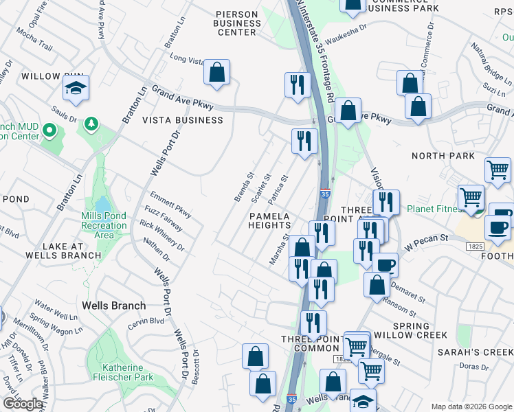 map of restaurants, bars, coffee shops, grocery stores, and more near 15406 Scarlet Street in Austin