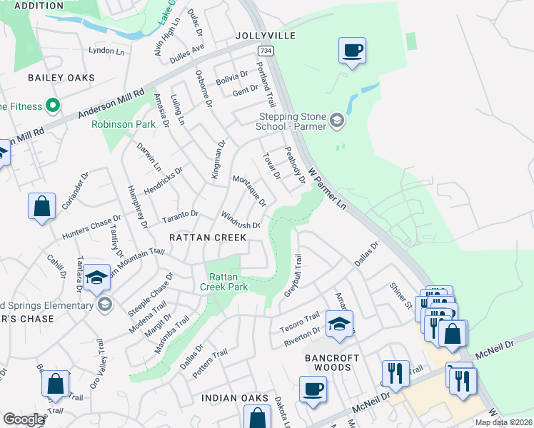 map of restaurants, bars, coffee shops, grocery stores, and more near 13213 Vendrell Drive in Austin