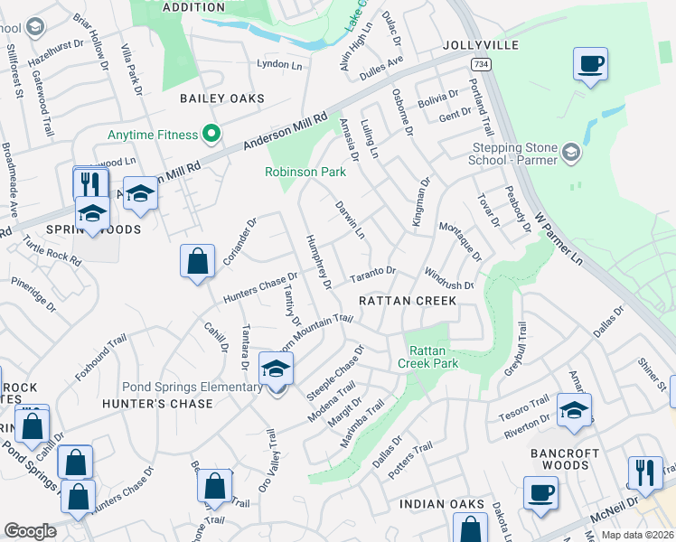 map of restaurants, bars, coffee shops, grocery stores, and more near 13105 Tilder Drive in Austin