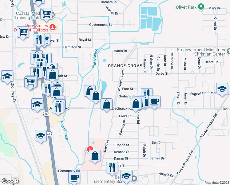 map of restaurants, bars, coffee shops, grocery stores, and more near 203 N Wilson Blvd in Gulfport