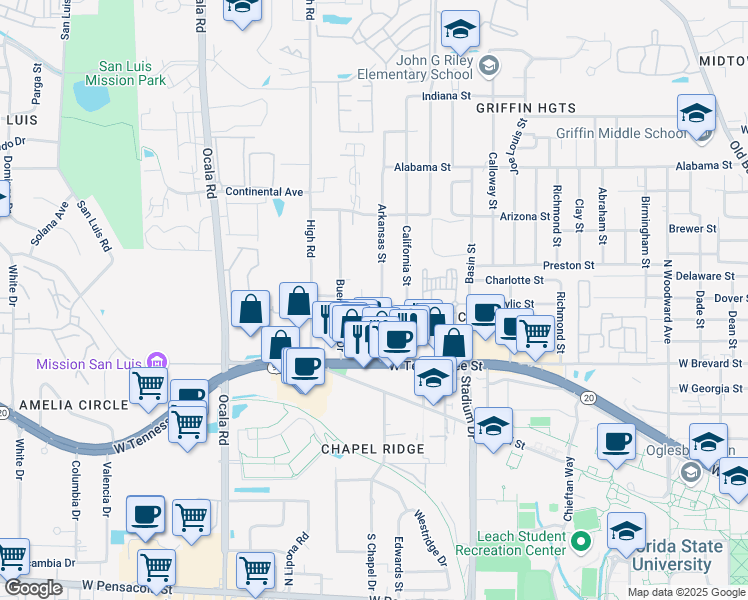 map of restaurants, bars, coffee shops, grocery stores, and more near 756 Arkansas Street in Tallahassee