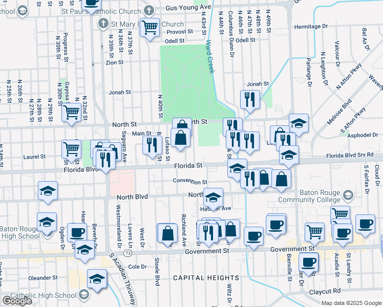 map of restaurants, bars, coffee shops, grocery stores, and more near 381 Tuscaloosa Avenue in Baton Rouge