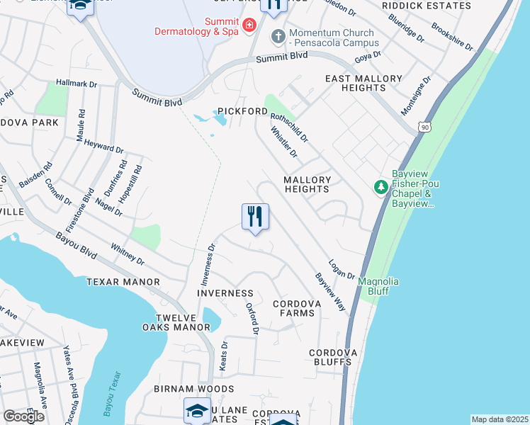 map of restaurants, bars, coffee shops, grocery stores, and more near 3177 Bayview Way in Pensacola
