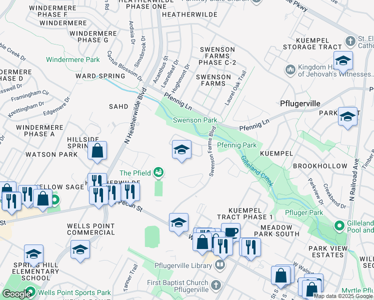 map of restaurants, bars, coffee shops, grocery stores, and more near 16602 Brogan Lane in Pflugerville