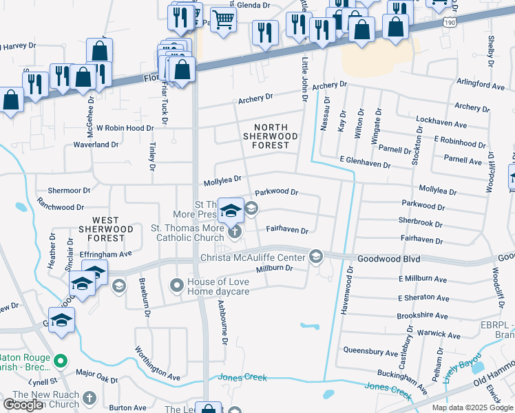 map of restaurants, bars, coffee shops, grocery stores, and more near 765 Sylvan Drive in Baton Rouge