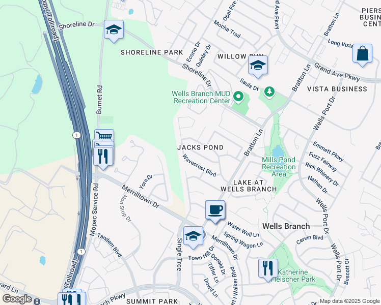 map of restaurants, bars, coffee shops, grocery stores, and more near 3213 Raging River Drive in Austin