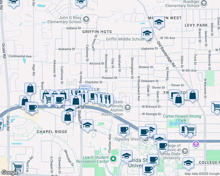 map of restaurants, bars, coffee shops, grocery stores, and more near 827 Richmond Street in Tallahassee