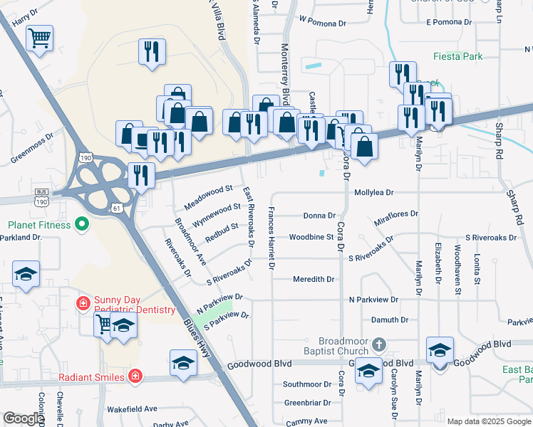 map of restaurants, bars, coffee shops, grocery stores, and more near 372 Frances Harriet Drive in Baton Rouge