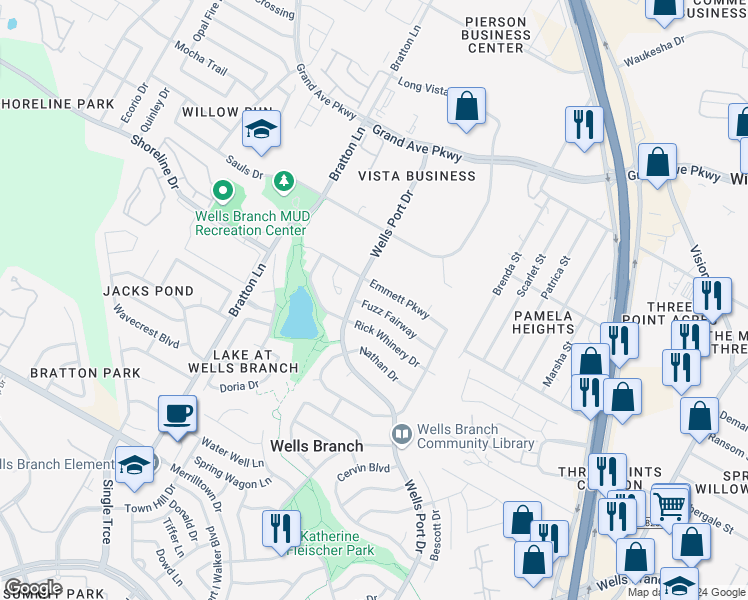 map of restaurants, bars, coffee shops, grocery stores, and more near 2306 Fuzz Fairway in Austin