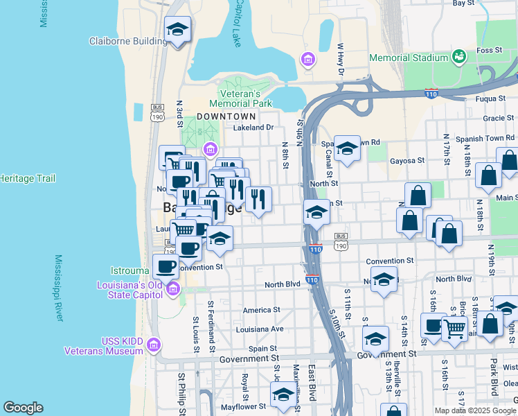 map of restaurants, bars, coffee shops, grocery stores, and more near 668 Main Street in Baton Rouge