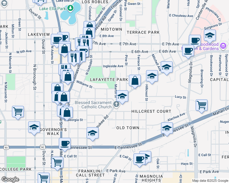 map of restaurants, bars, coffee shops, grocery stores, and more near 824 Martin Street in Tallahassee