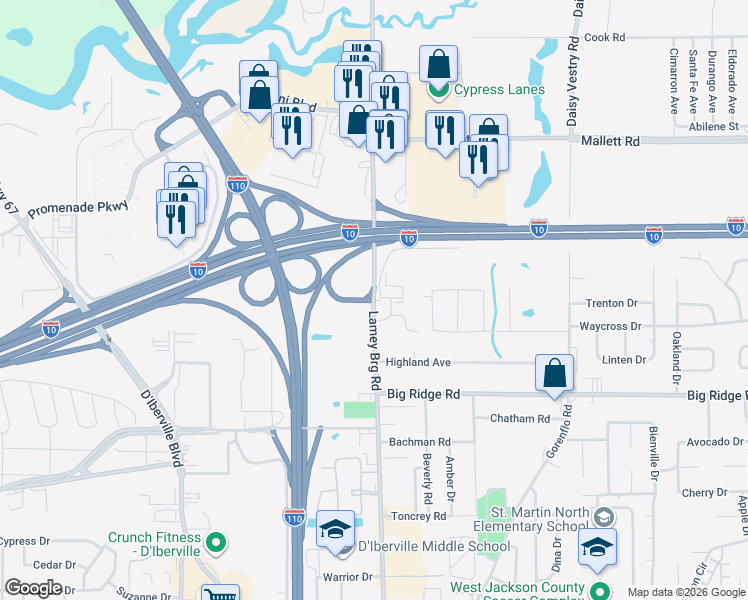 map of restaurants, bars, coffee shops, grocery stores, and more near 11301 Lamey Bridge Road in D'Iberville