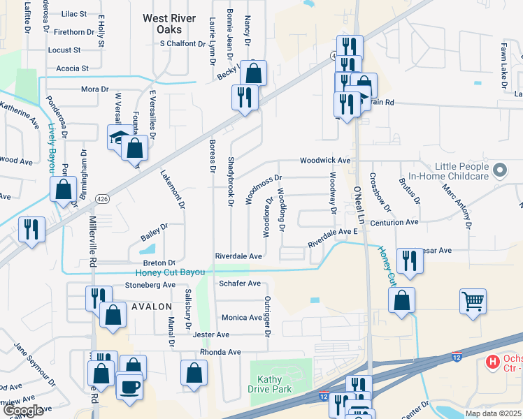 map of restaurants, bars, coffee shops, grocery stores, and more near 15145 Woodlore Drive in Baton Rouge