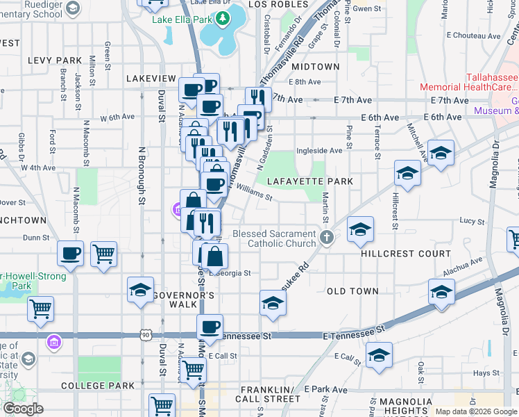 map of restaurants, bars, coffee shops, grocery stores, and more near 909 North Gadsden Street in Tallahassee