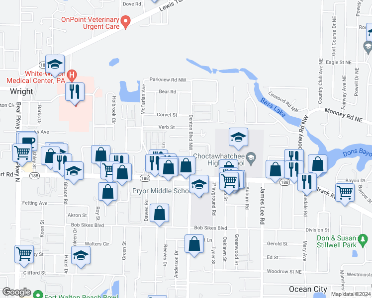 map of restaurants, bars, coffee shops, grocery stores, and more near 304 Olympia Court in Fort Walton Beach