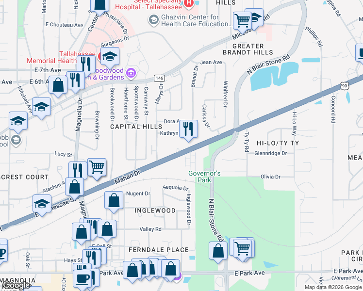 map of restaurants, bars, coffee shops, grocery stores, and more near 1728 Florida 10 in Tallahassee