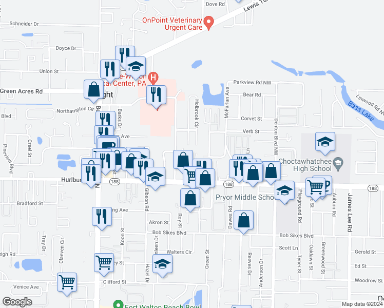 map of restaurants, bars, coffee shops, grocery stores, and more near 2000 Principal Lane in Fort Walton Beach