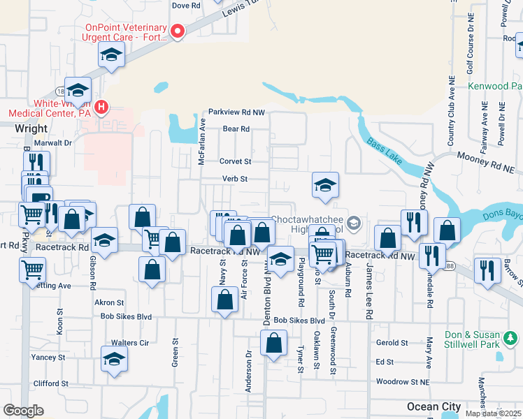 map of restaurants, bars, coffee shops, grocery stores, and more near 306 Olympia Court in Fort Walton Beach