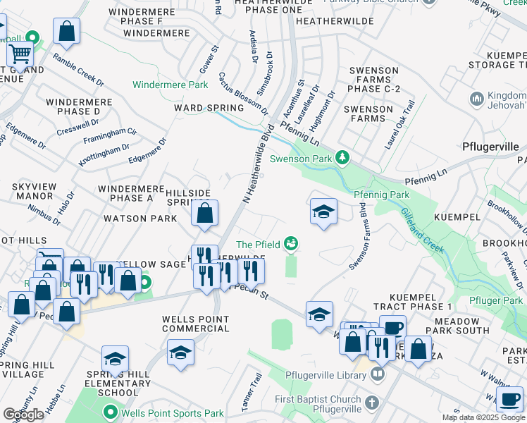 map of restaurants, bars, coffee shops, grocery stores, and more near 116 Adage Drive in Pflugerville