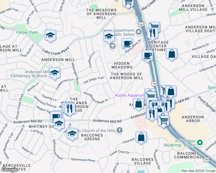 map of restaurants, bars, coffee shops, grocery stores, and more near 12114 Robin Ridge Lane in Austin