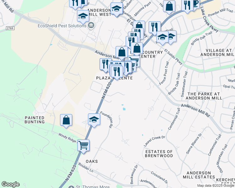 map of restaurants, bars, coffee shops, grocery stores, and more near 11521 North Farm to Market Road 620 in Austin
