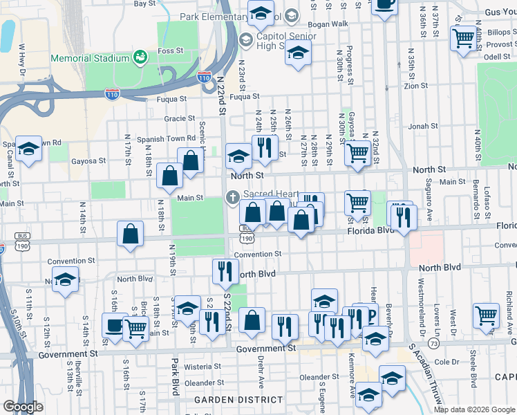 map of restaurants, bars, coffee shops, grocery stores, and more near 421 North 24th Street in Baton Rouge