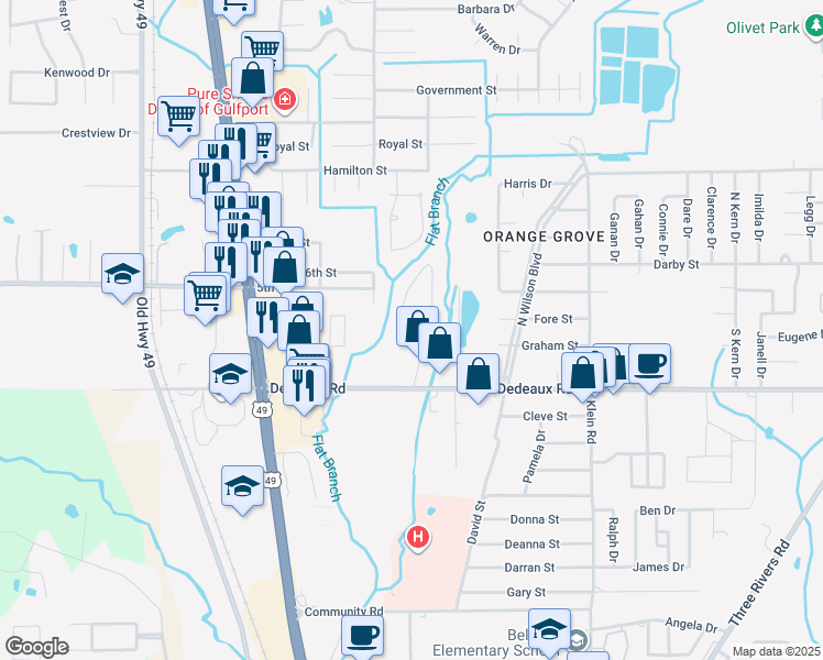 map of restaurants, bars, coffee shops, grocery stores, and more near 11333 Dye Road in Gulfport