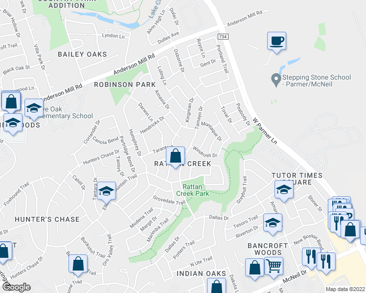 map of restaurants, bars, coffee shops, grocery stores, and more near 7802 Taranto Drive in Austin