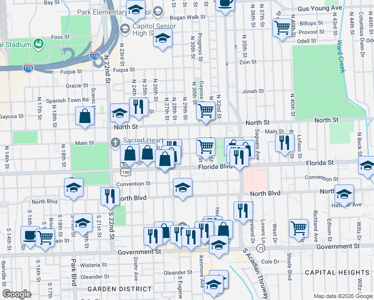 map of restaurants, bars, coffee shops, grocery stores, and more near 2833 Laurel Street in Baton Rouge
