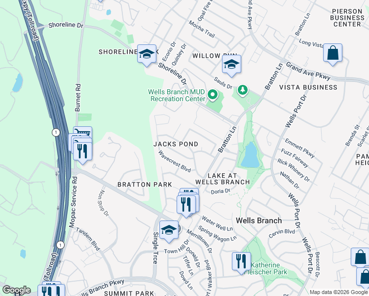 map of restaurants, bars, coffee shops, grocery stores, and more near 14924 Jacks Pond Road in Austin