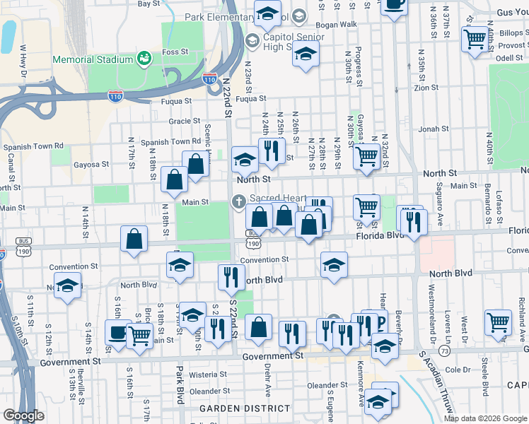 map of restaurants, bars, coffee shops, grocery stores, and more near 421 North 24th Street in Baton Rouge