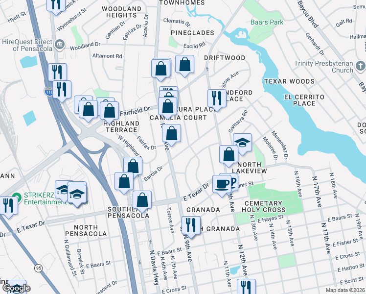 map of restaurants, bars, coffee shops, grocery stores, and more near 3804 N 9th Ave in Pensacola